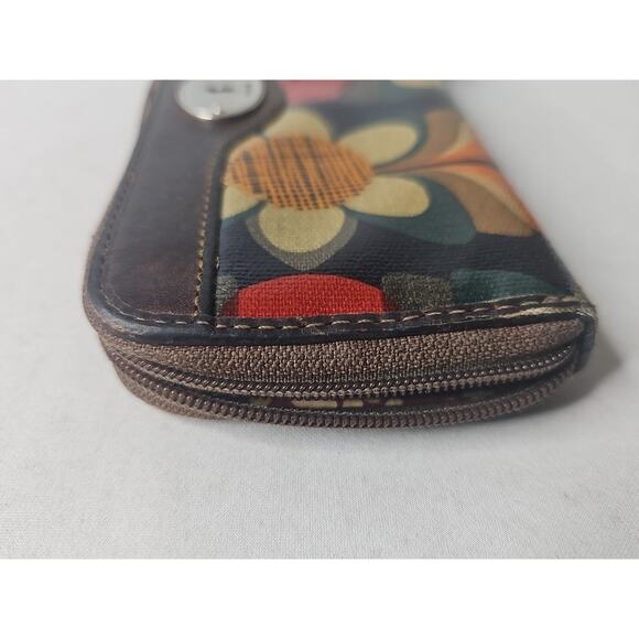 FOSSIL Key•Per Zip Around Wallet Clutch Fall Flowers Coated Canvas 8"x4" - Picture 5 of 15